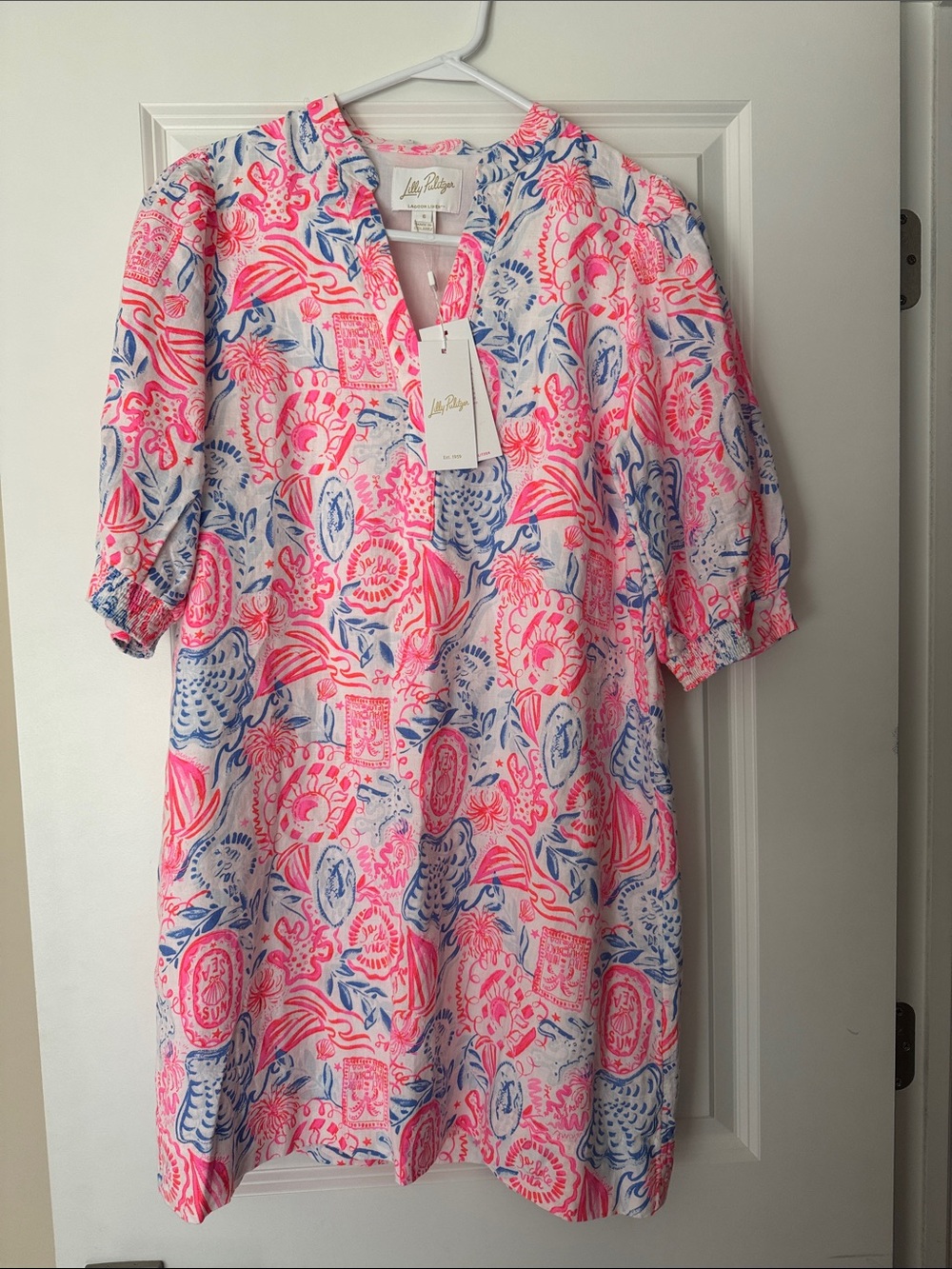 Lilly Pulitzer Mialeigh Elbow Lagoon Linen Resort White, Lil Sun Sea Sand